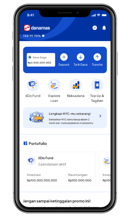 Layar portofolio pendanaan di aplikasi Danamas
